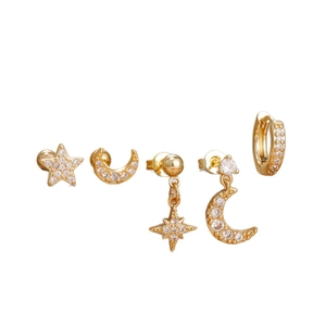 5-piece gold stainless steel earring set with star and moon zircon studs and hoops