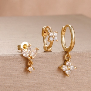 Three-piece gold stainless steel earring set with zircon clover and floral charms