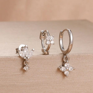Three-piece stainless steel earring set with leaf stud and zircon floral hoop charms
