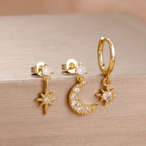 Three-piece golden stainless steel earrings set with zircon stars and moon charms