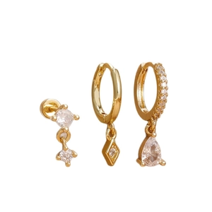 Three-piece stainless steel gold hoop earrings set with cubic zirconia and geometric charms