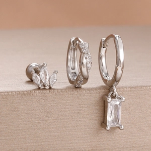 Detail von Silber Trio Set mit Marquise Ohrsteckern und Zirkonia Creolen Ohrringen