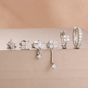 Detailansicht des silbernen Edelstahl Ohrring Sets mit glänzenden Zirkoniasteinen