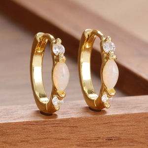 Elegant 18K gold plated huggie earrings with marquise opal and clear zircon accents