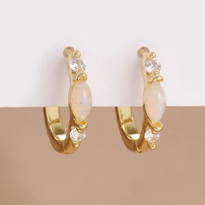 Elegant gold huggie earrings with marquise opal stone and tiny cubic zirconia accents