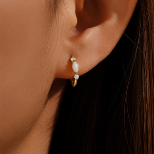 Marquise White Opal Huggie Hoop Earrings Gold Silver Plated Copper Zirconia Bohemian Small Ear Buckle For Women Jewelry Gift