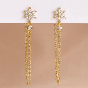 Orecchini a Nappina a Forma di Fiore Moda Rame Zirconia Intarsiata Catena Lunga Orecchini a Pendente per Donna Gioielli