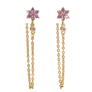 Orecchini a catena dorata con fiore viola e pendente a nappa di lusso leggero