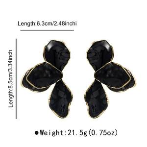 Chic black enamel flower petal drop earrings with gold edges and size dimensions