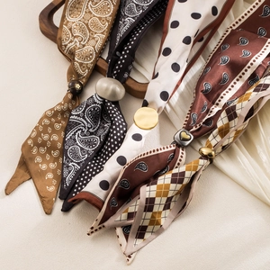 Primo piano di foulard in seta vintage a pois e fantasie con eleganti fibbie in metallo