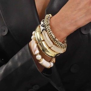 Vintage Stacking Bracelet Set Marbled Resin Faux Artificial Pearl Gold Alloy Geometric Elastic Bangle For Women Maillard Style Jewelry