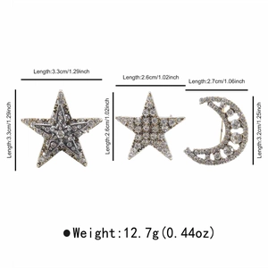 Detailed view of silver brooch set with rhinestones showing exact dimensions and weight