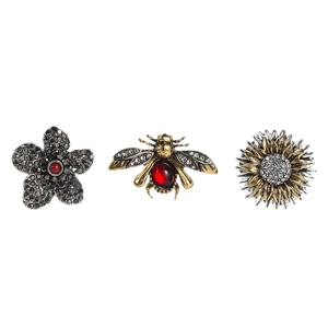 Three-piece vintage rhinestone brooch set with black flower, golden bee and sunflower