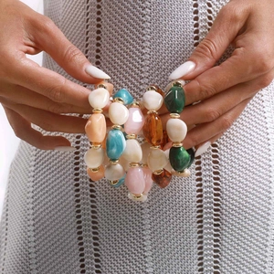 Pulsera de Cuentas de Resina Bohemia Para Mujer Cuentas Ovaladas Geométricas Pulsera Elástica Con Espaciadores de Metal Dorado Joyería