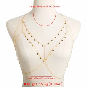 Detail view of gold layered sequin body chain with size measurements in cm