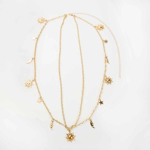 Detailed view of layered gold head chain featuring celestial sun moon and star charms