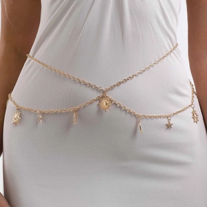 Bohemian Gold Zinc Alloy Star Moon Sun Pendant Waist Chain Adjustable Tassel Multi Layer Body Chain For Women Beach Jewelry