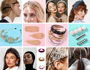 Collage of pearl hair clips and rhinestone headbands with various elegant styling accessories