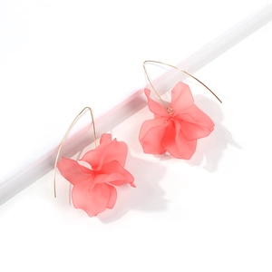 Long pink frosted resin flower petal drop earrings with gold hooks on white background