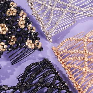 Elegant beaded magic hair combs in gold, silver and black with flexible metal teeth stretch
