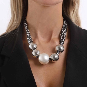 Vintage leopard print silk scarf necklace with large white pearls and silver metal beads