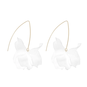 Detail of elegant long gold drop earrings featuring translucent white matte flower petals