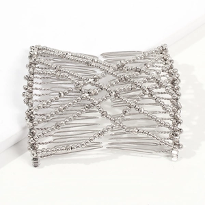 Detail of silver stretch magic hair comb with elastic beads for messy bun styling
