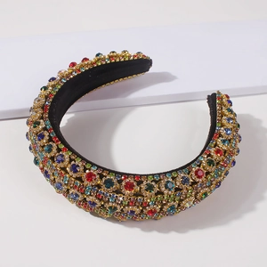 Baroque padded headband with colorful rhinestones on black velvet base for women