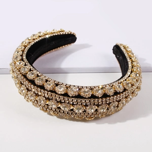 Luxurious Baroque padded headband with gold-tone crystal rhinestones on black velvet