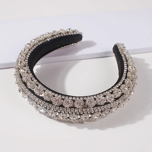 Luxurious Baroque padded headband with sparkling clear rhinestones on black velvet fabric