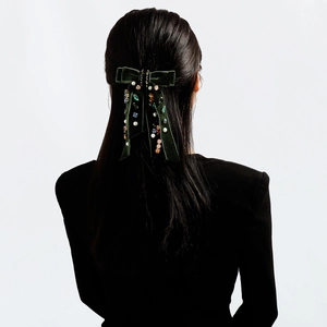 Deep green velvet double-layer bow hair clip with colorful rhinestones and pearls