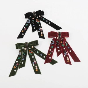 Velvet double layered bow hair clips with colorful rhinestones in black green and red