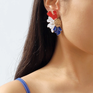 Fashion flower stud earrings with red white blue enamel petals and gold center details