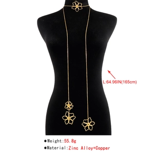 Detail of 165cm gold hollow flower body chain necklace on mannequin with size specs