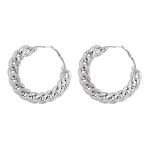 Punk style silver thick Cuban link chain hoop earrings with high-polished metallic finish