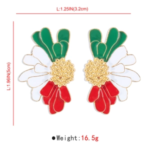 Detail showing geometric floral earrings with size dimensions 5cm length and 3.2cm width