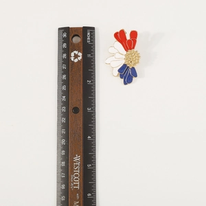 Detailed size measurement of vintage floral stud earrings with red white and blue petals