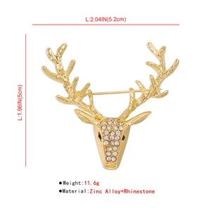 Détails de la broche tête de cerf dorée avec strass incluant dimensions et poids exacts