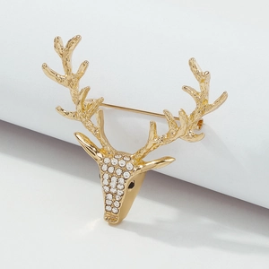 Broche Tête de Cerf en Alliage Strass à la Mode Épingle Forme d'Animal Élan Personnalisée Or Argent Bijoux Femme