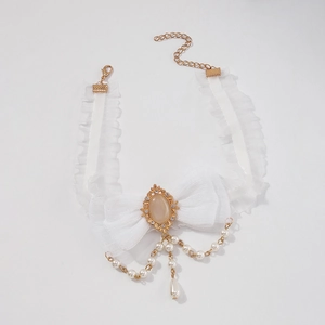 Retro white lace choker with tulle bow, opal stone, and pearl drop pendant necklace