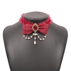 Retro red velvet bow choker with gold alloy details and hanging faux pearl drop