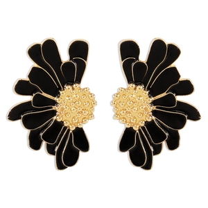 Retro vintage floral stud earrings featuring black enamel petals and gold metal center