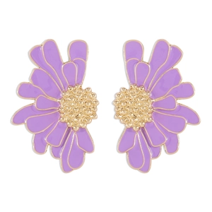 Detailed view of vintage purple enamel daisy stud earrings with gold metal accents