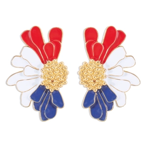Detailed macro shot of vintage floral stud earrings with red, white, and blue enamel petals