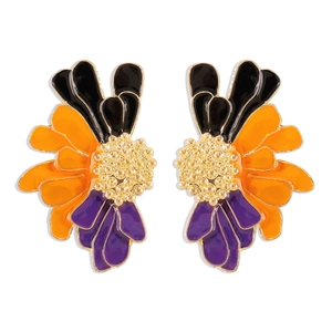 Close-up of retro floral stud earrings with black orange and purple enamel petals