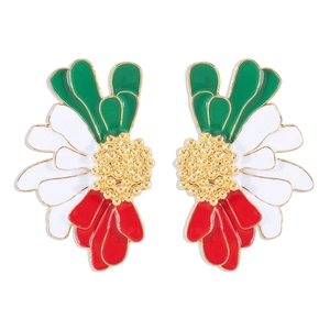 Detailed close-up of petal-shaped earrings with green, white, and red enamel coating