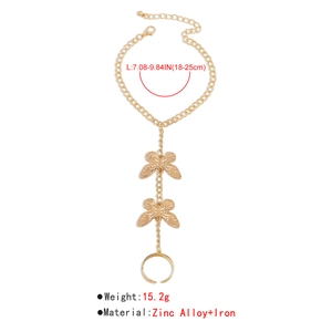 Detail view of gold butterfly ring bracelet with alloy chains and dimension specs