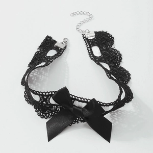 Elegant black lace choker necklace with a central ribbon bow and adjustable chain