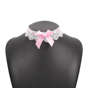 Elegant white lace choker necklace featuring a pink satin ribbon and center bow detail