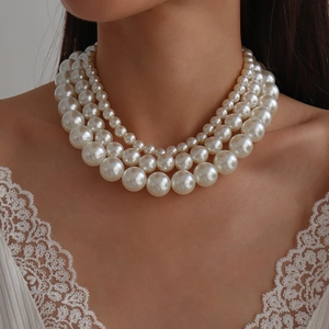Elegant multi-layer cream pearl choker necklace with triple-strand gradient design for women